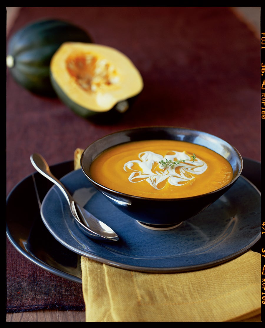 winter squash leek and apple soup with cider creme fraiche
