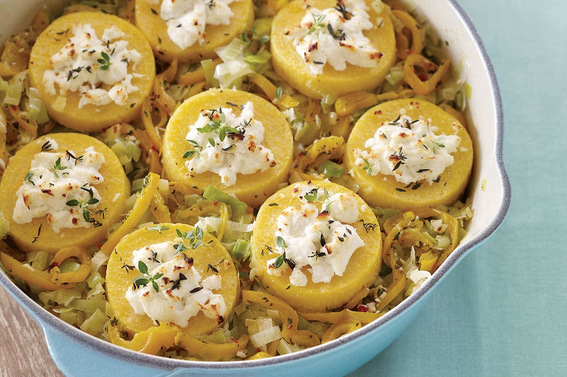 Spring Leek Hash with Polenta and Goat Cheese recipe