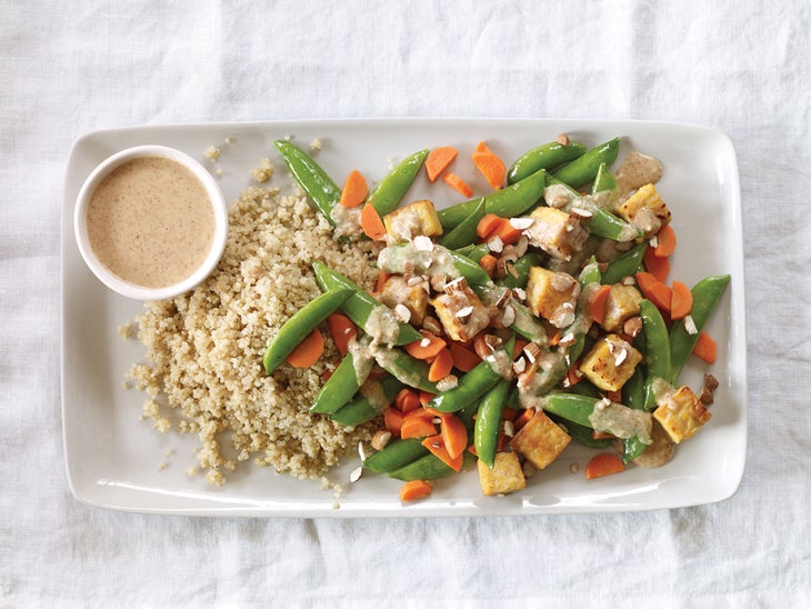 Peas, Carrots and Tempeh with Miso-Almond Sauce None