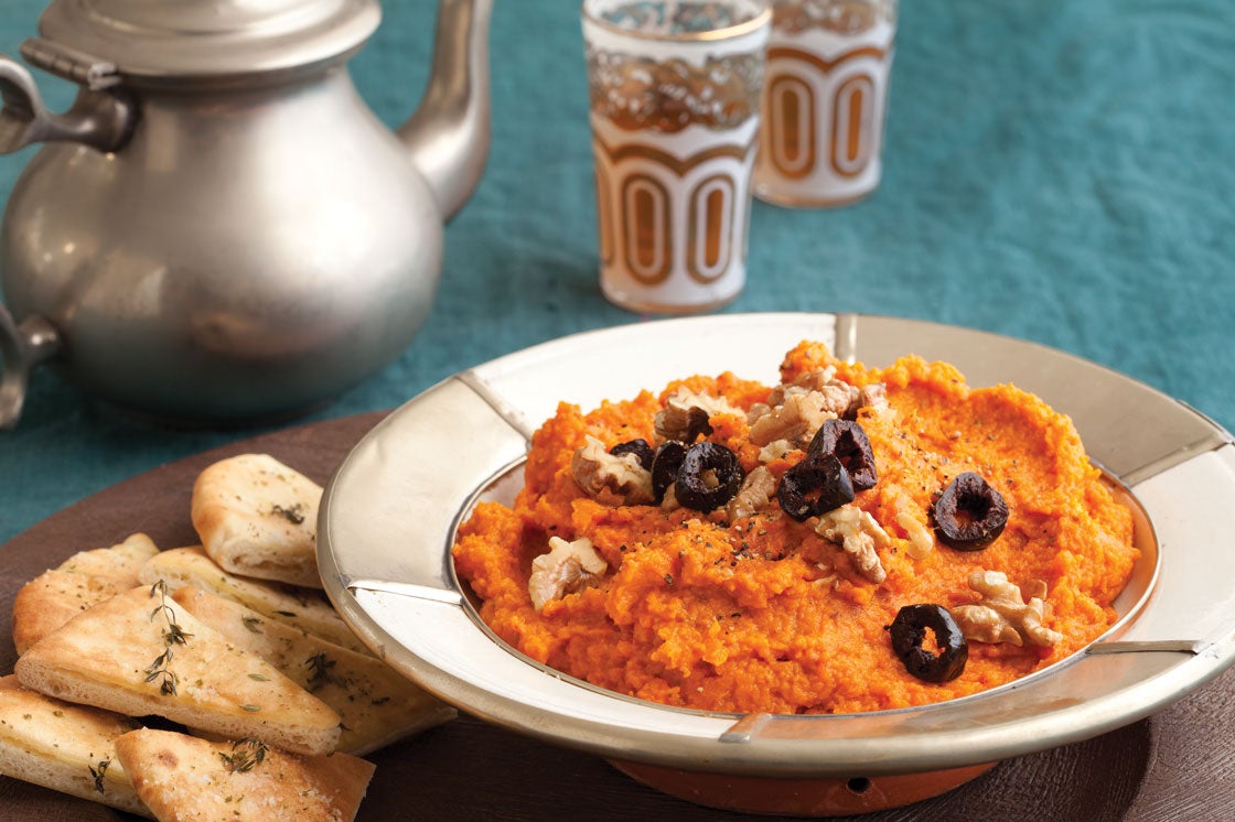 Carrot Dip with Crushed Walnuts & Olives