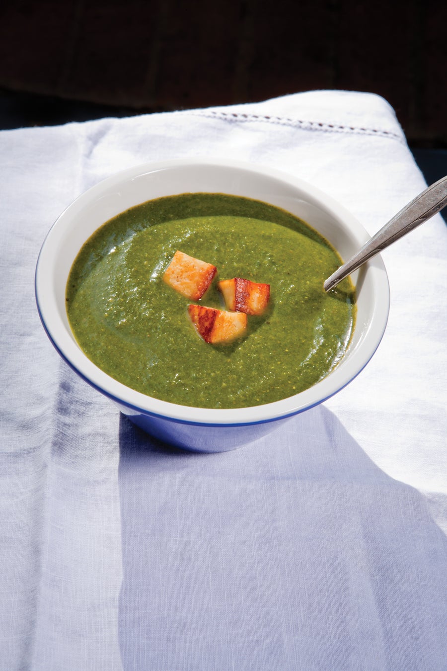 Creamy Spinach Soup with Paneer Croutons