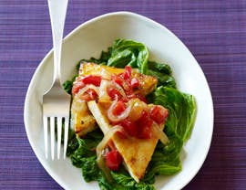 Broiled Tofu and Steamed Mustard Greens with Spicy Mango Sauce None
