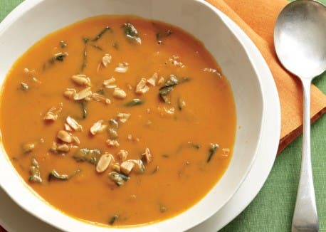 Nutty Sweet Potato Soup with Harissa and Spinach None