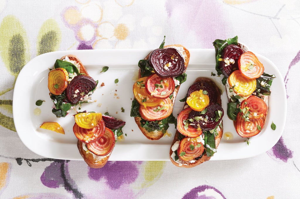 Bruschetta with QuickRoasted Beets and GarlicWilted Beet Greens Recipe