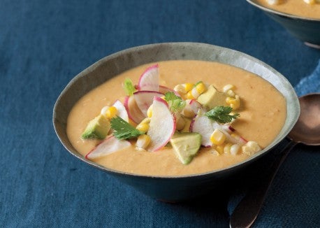 Corn and Chipotle Soup with Avocado-Radish Salsa None