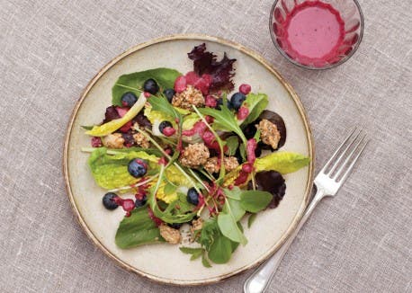 Mixed Green Salad with Maple-Nut Clusters and Blueberry Dressing None