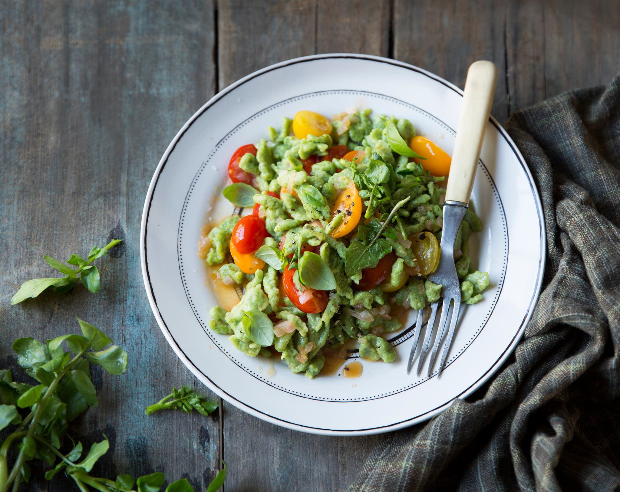 Watercress Spaetzle with Grape Tomatoes