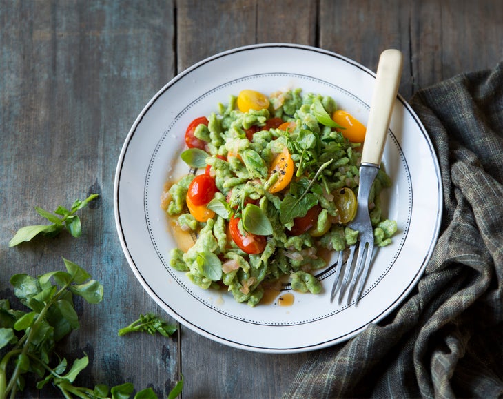 Watercress Spaetzle with Grape Tomatoes