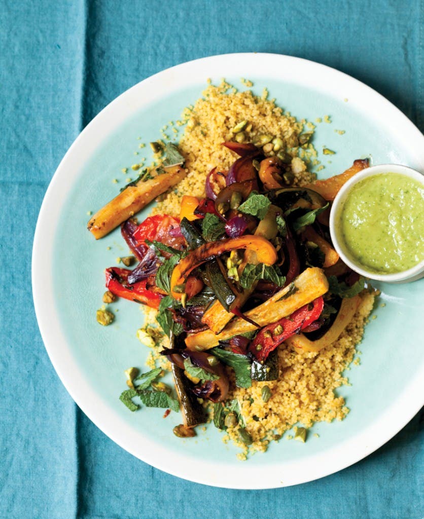 Roasted Vegetables with Green Olive Vinaigrette and Pistachio Couscous None