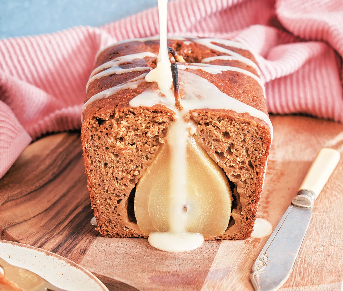 Upside-down pear cake with cinnamon ice cream recipe | delicious. magazine