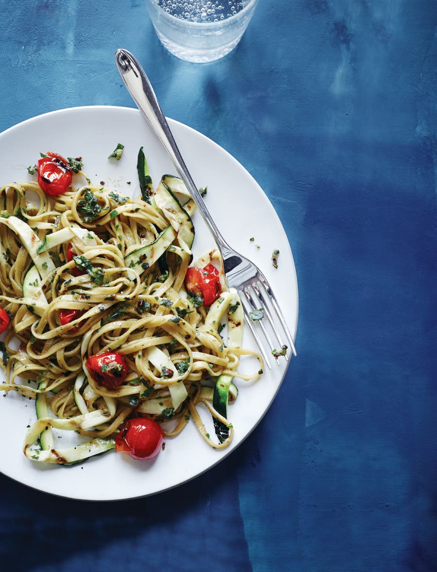 Linguine with Grill-Roasted Tomatoes and Zucchini Pesto