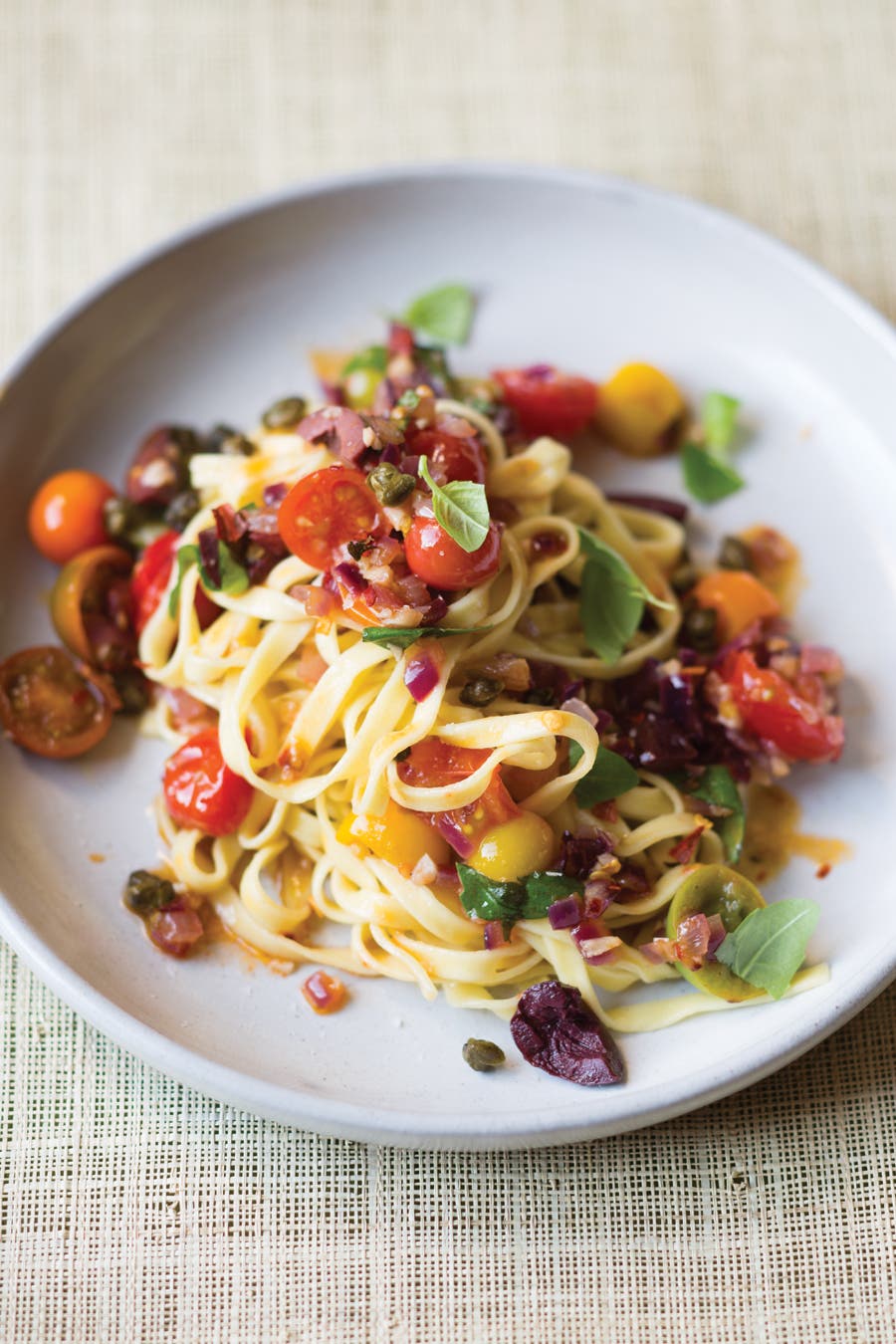 Puttanesca Sauce with Fried Capers over Linguine