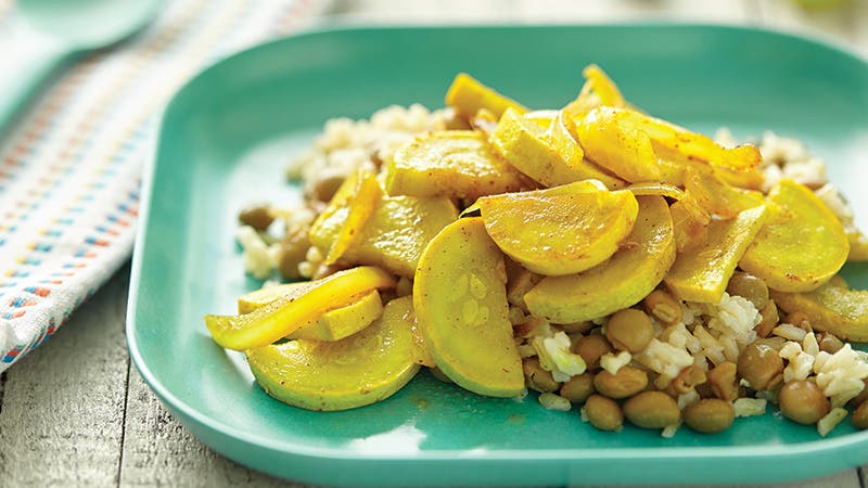 Curried Yellow Squash with Rice and Pigeon Peas