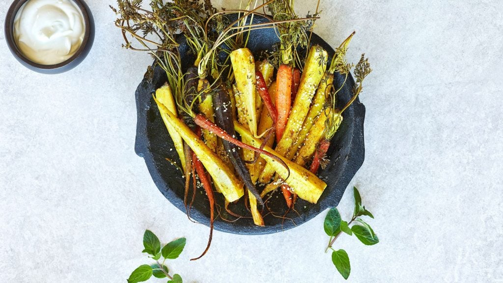 Turmeric Roasted Root Vegetables with Yogurt Sauce Vegetarian Times