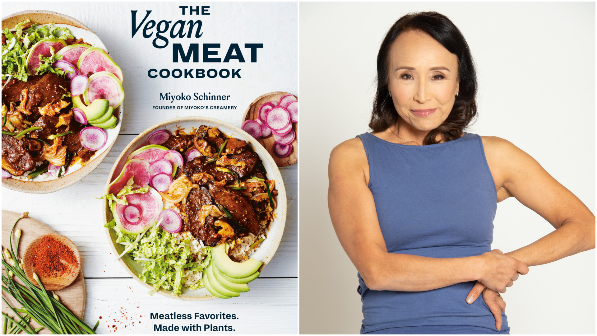the vegan meat cookbook cover and photo of author Miyoko Schinner