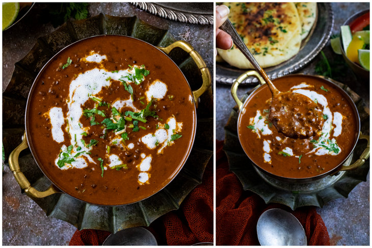 bowl of dal makhni on a table with naan
