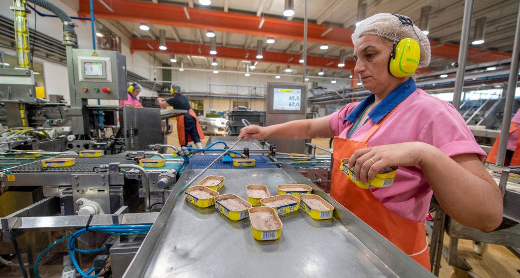 A worker checks tins on the production line at a commercial fish cannery