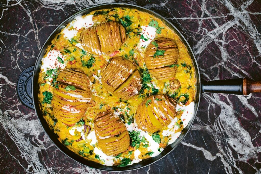 Hassleback Potatoes and Kale in Saffron Dal Recipe